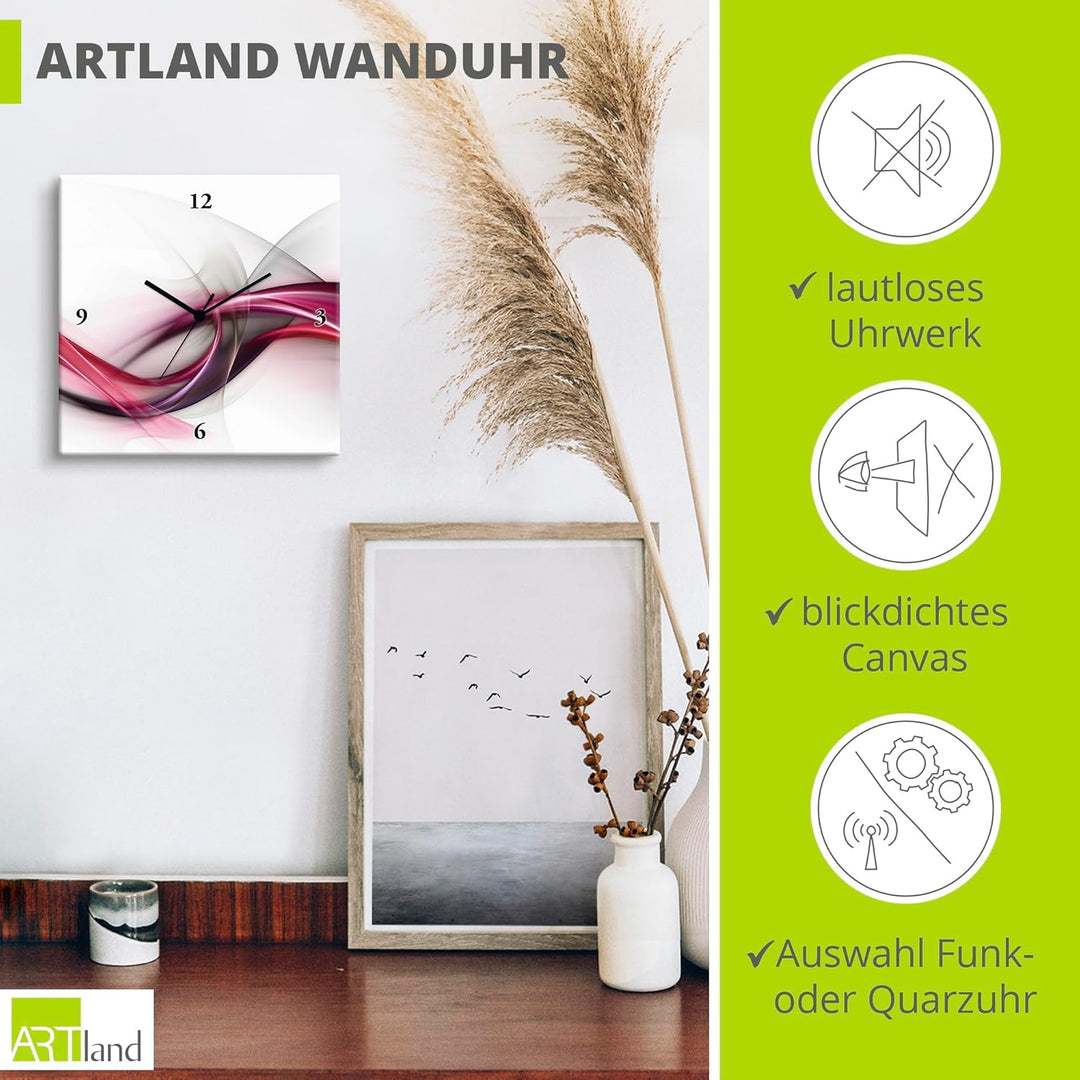 ARTLAND Wanduhr ohne Tickgeräusche Leinwand Quarzuhr 30x30 cm Quadratisch Lautlos Design Welle Abstr