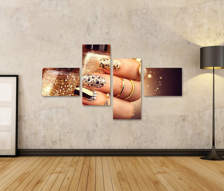 islandburner Bild auf Leinwand Goldene Maniküre Mit Edelsteinen Und Glitzern Flasche Nagellack Trend