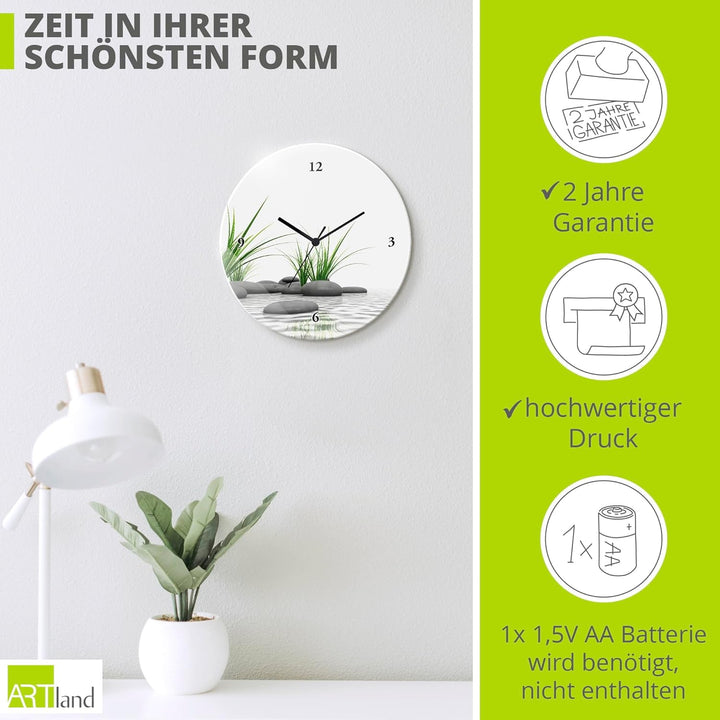 ARTLAND Wanduhr ohne Tickgeräusche Glas Funkuhr Ø 30 cm Rund Lautlos 3 D Steine Steine Funkuhr, Stei