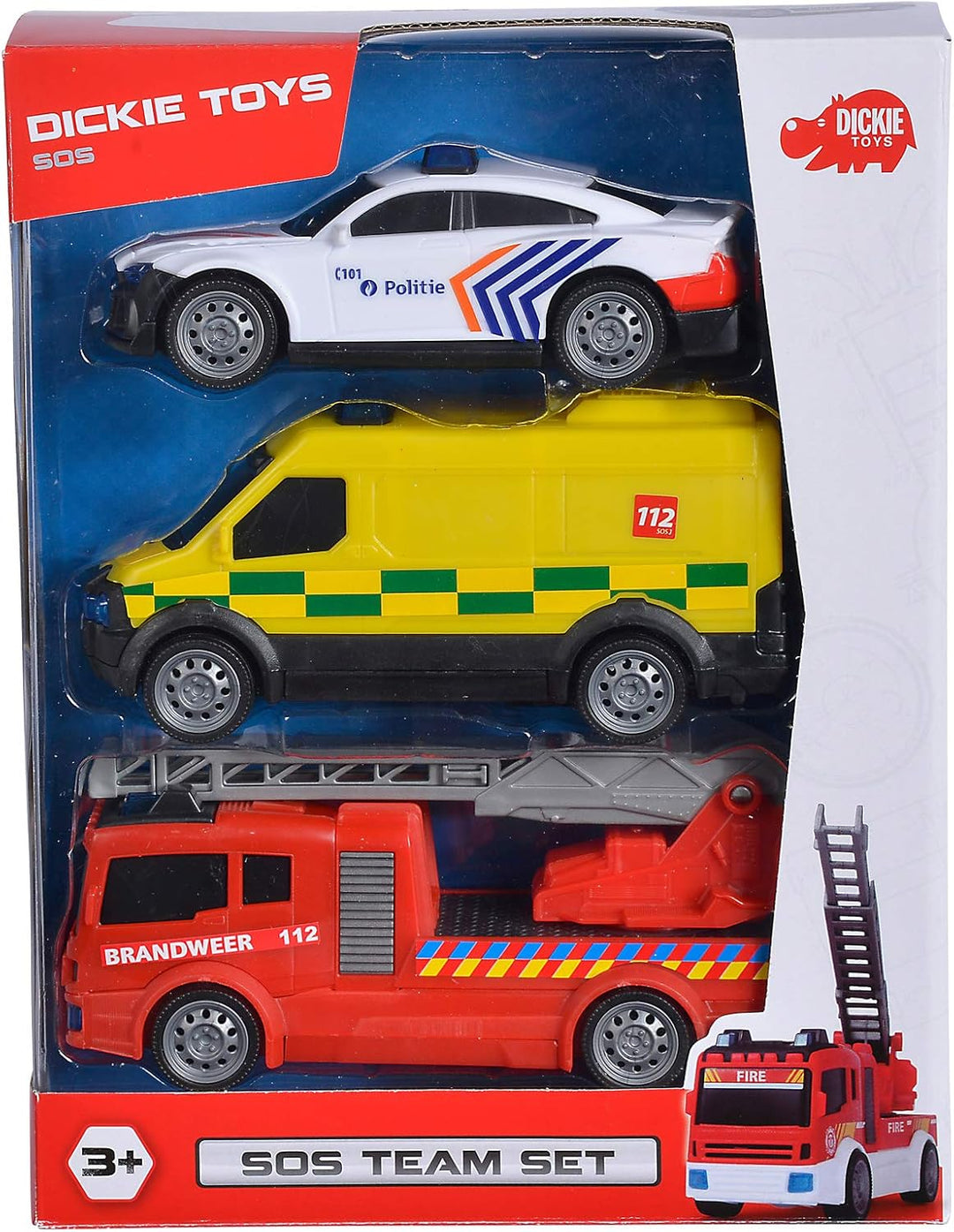 Dickie Toys 203712015014 - SOS Team Set Belgien, Spielzeugauto mit Freilauf, Polizeiauto, Krankenwag