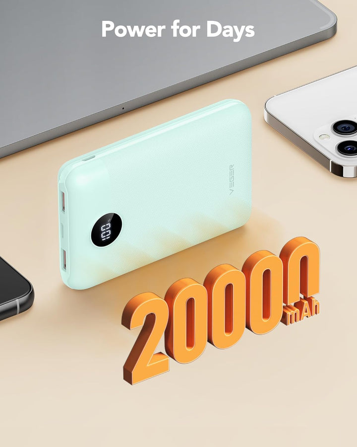 VEGER Power Bank 20000mAh klein 22.5W, Powerbank USB C Schnelles Aufladen Externe Handyakkus PD/QC3.