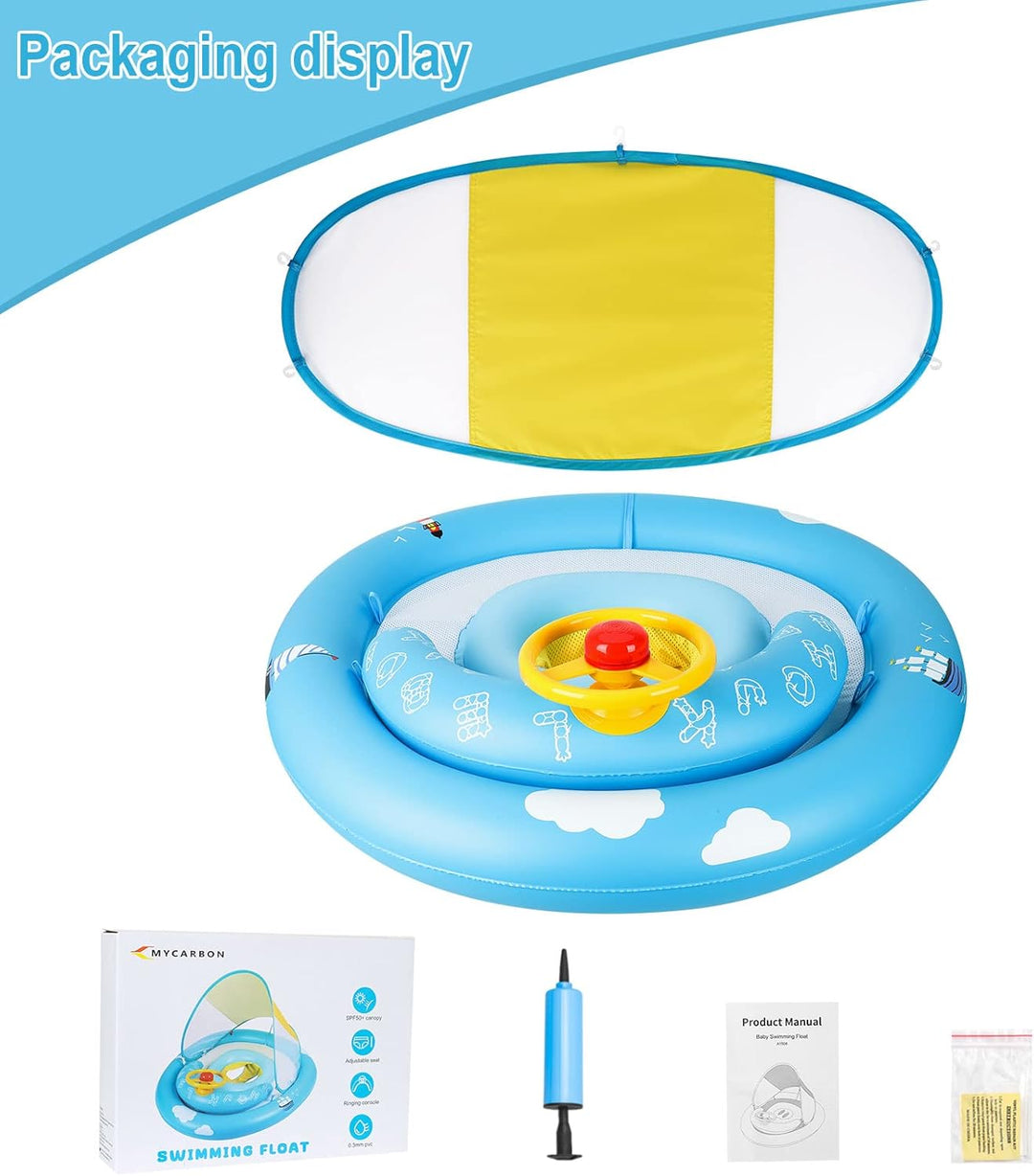 MYCARBON Baby Schwimmring mit verstellbare Schwimmsitz, UPF50+ Sonnendach, Spielzeug für Kinder Schw