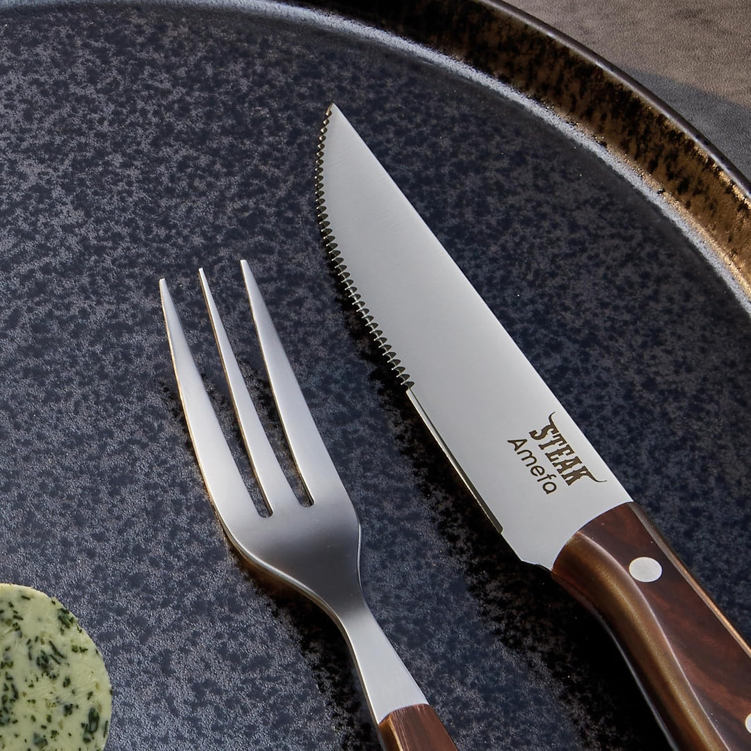 Amefa PORTERHOUSE Steak Besteck Set 4-teilig | 2 Steakmesser, 2 Steakgabeln | Kunststoffgriffe in Ho