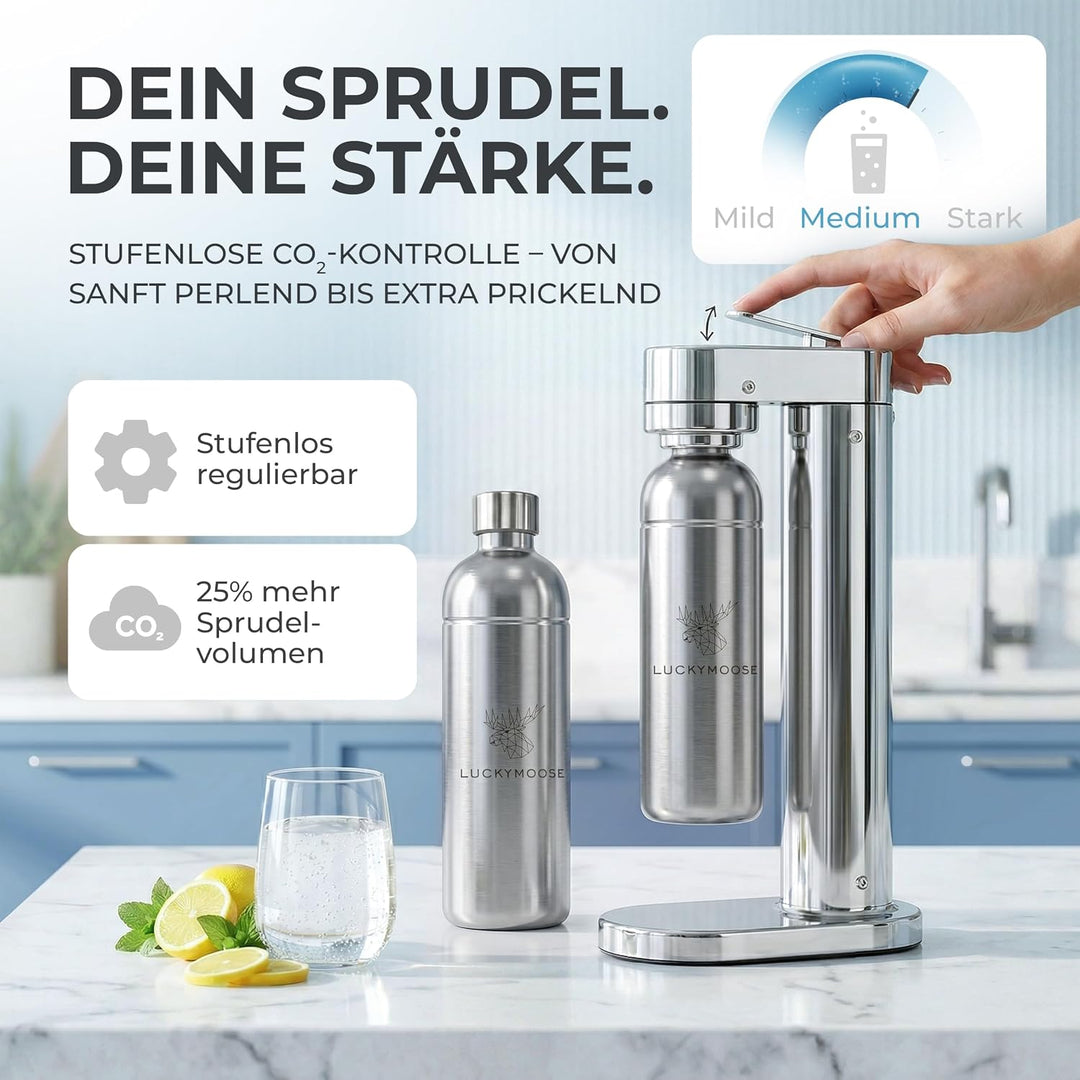 Infinity-S Wassersprudler aus hochwertigem Edelstahl (Silver/Silver) – inkl. 2x 1,25L Edelstahlflasc