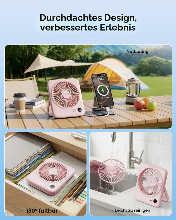 Otlonpe Tischventilator Leise, 4000mAh Akku Tisch Ventilator Tragbar, 23H Laufzeit Tischventilatoren