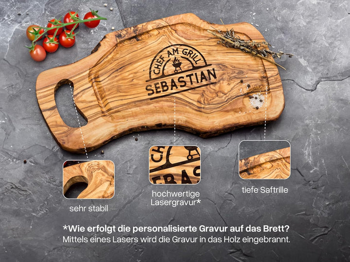 ROZTFYR Grillbrett Personalisiert | Schneidebrett Olivenholz | Männergeschenk Geburtstag | Grill Ges