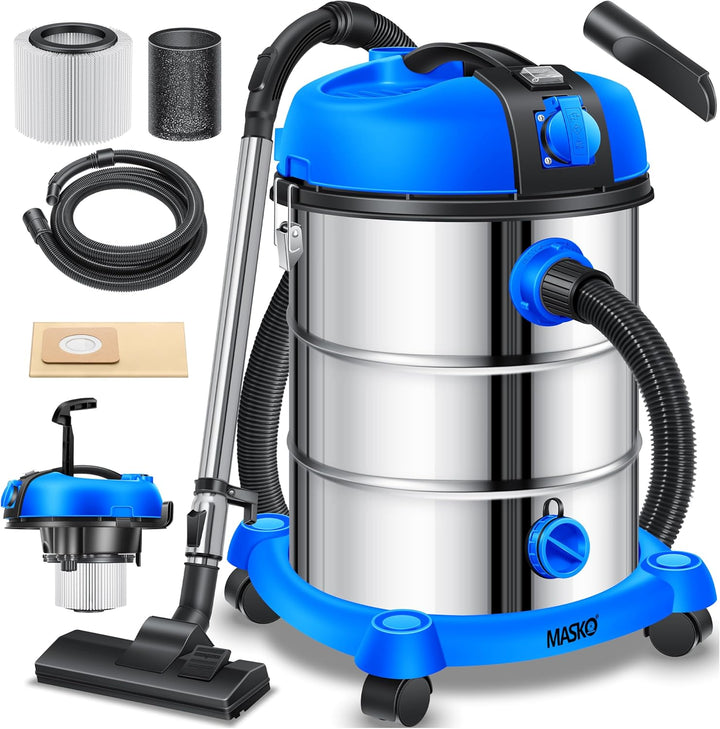MASKO® Industriestaubsauger Staubsauger Nass Trocken Sauger Edelstahl 2300W + Steckdose | Blasfunkti