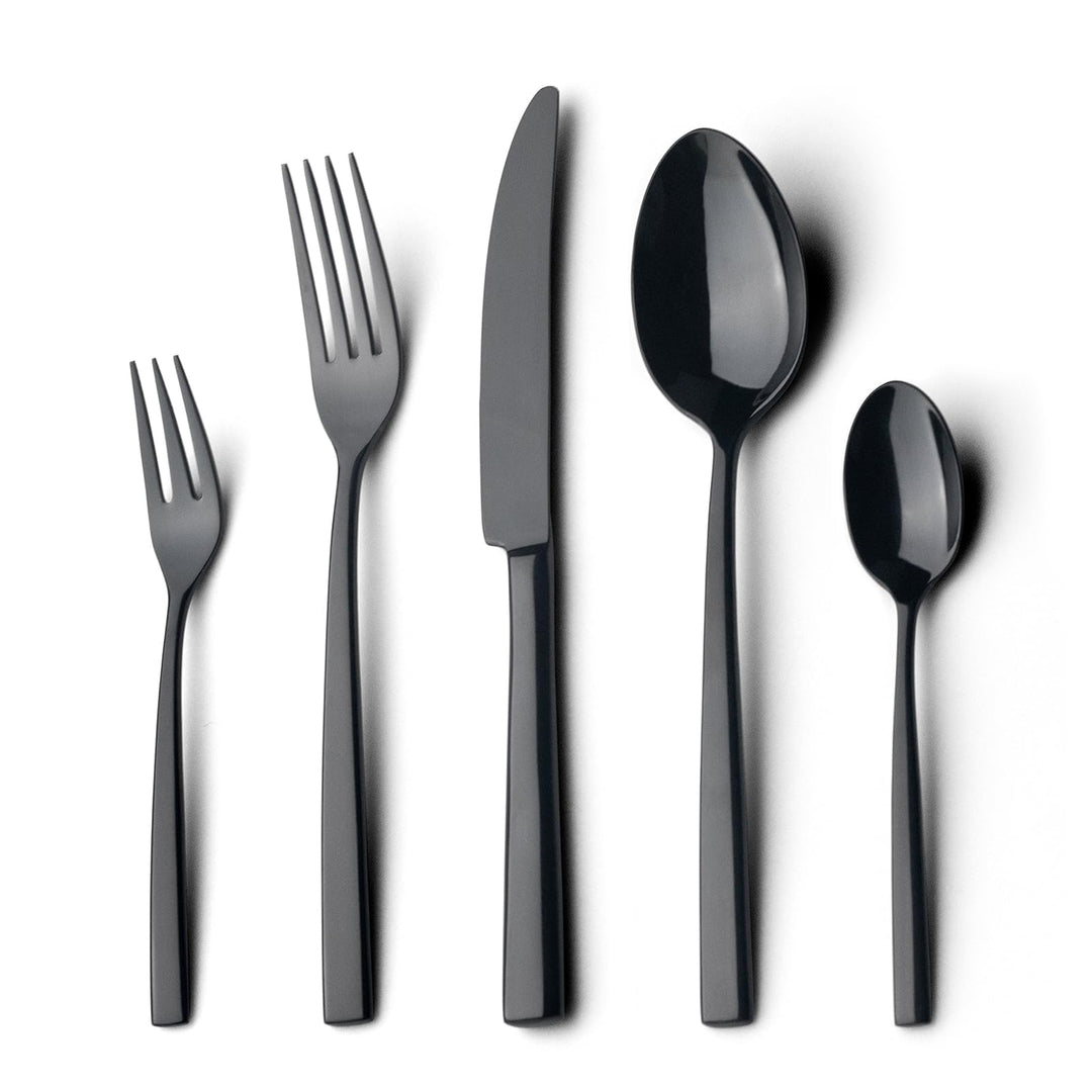 Alata Konrad 18/10 Edelstahl Poliert Schwarz, Besteck Set 6 Personen, Essbesteck 30 teilig, Monobloc