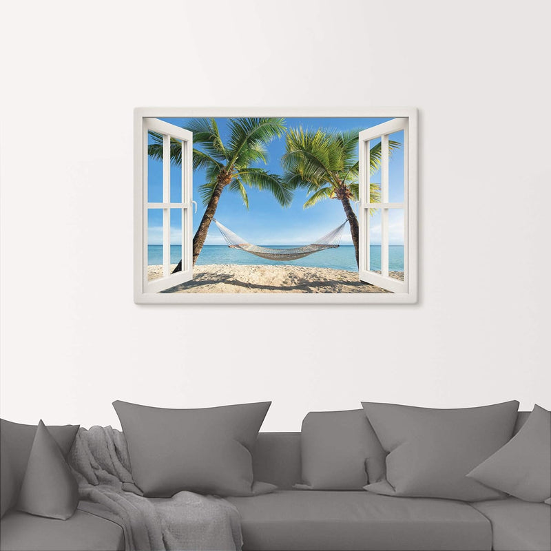 Artland Leinwandbild Wandbild Bild auf Leinwand 70x50 cm Wanddeko Fensterblick Fenster Strand Karibi