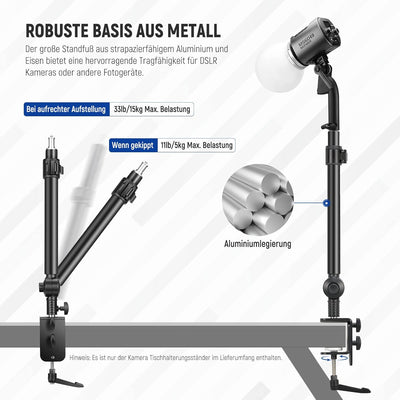 NEEWER Kamera Tischhalterung 225° neigbar& 360° schwenkbar 17,7"-24,8" Stativ mit C Klemme 1/4" Kuge