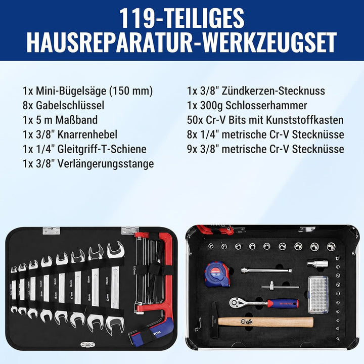 WORKPRO Werkzeugkoffer gefüllt Aluminum Haushalt Werkzeugkiste, Steckschlüssel-Satz Gabelschlüssel U