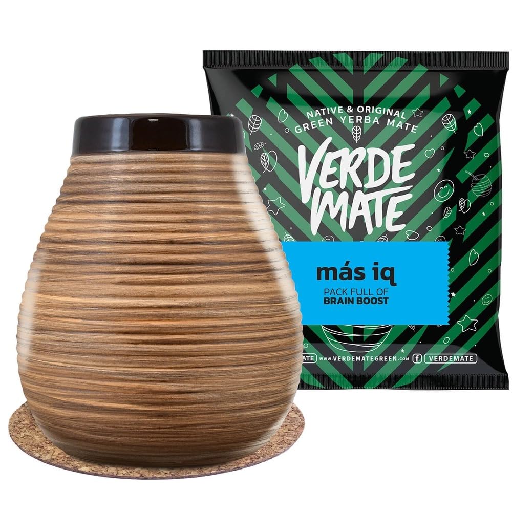 Cebador Mate Tee Set - Verde Mate Green Más IQ 50 g + Keramik‑Matebecher + Korkuntersetzer – Fokus,