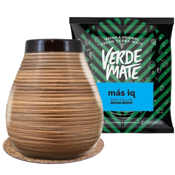 Cebador Mate Tee Set - Verde Mate Green Más IQ 50 g + Keramik‑Matebecher + Korkuntersetzer – Fokus,