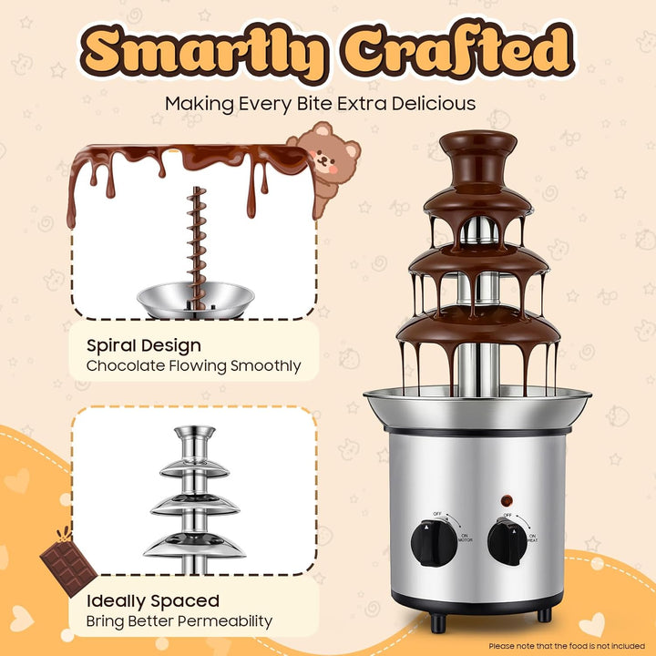 Schokoladenbrunnen Edelstahl, 4-Etagen mit Schmelzfunktion, 170W & 1.8L Kapazität, Elektrischer Scho
