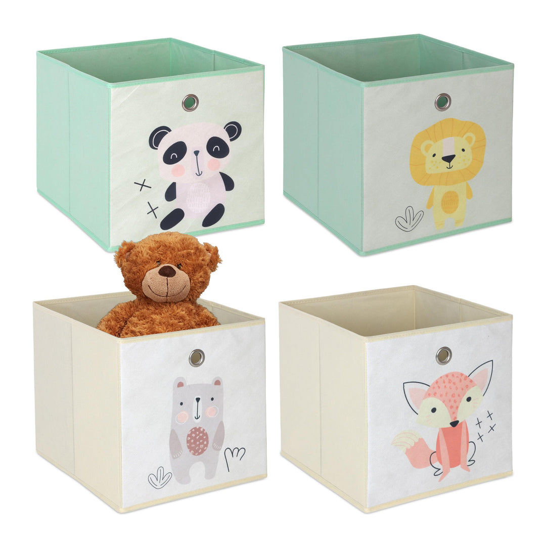 Relaxdays 4er Set, Kinder Aufbewahrungsboxen, süsse Tier-Motive, Faltbox für Würfelregale, HBT: 30x3