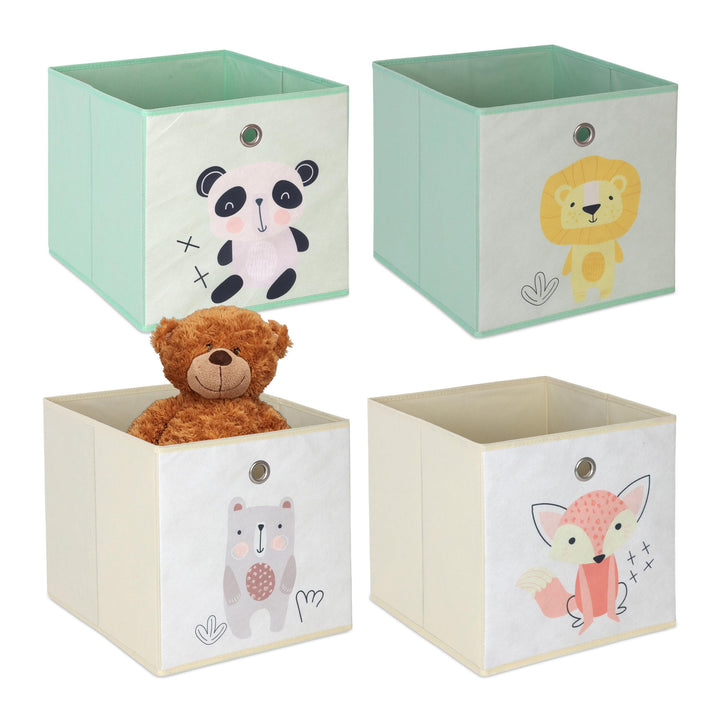 Relaxdays 4er Set, Kinder Aufbewahrungsboxen, süsse Tier-Motive, Faltbox für Würfelregale, HBT: 30x3