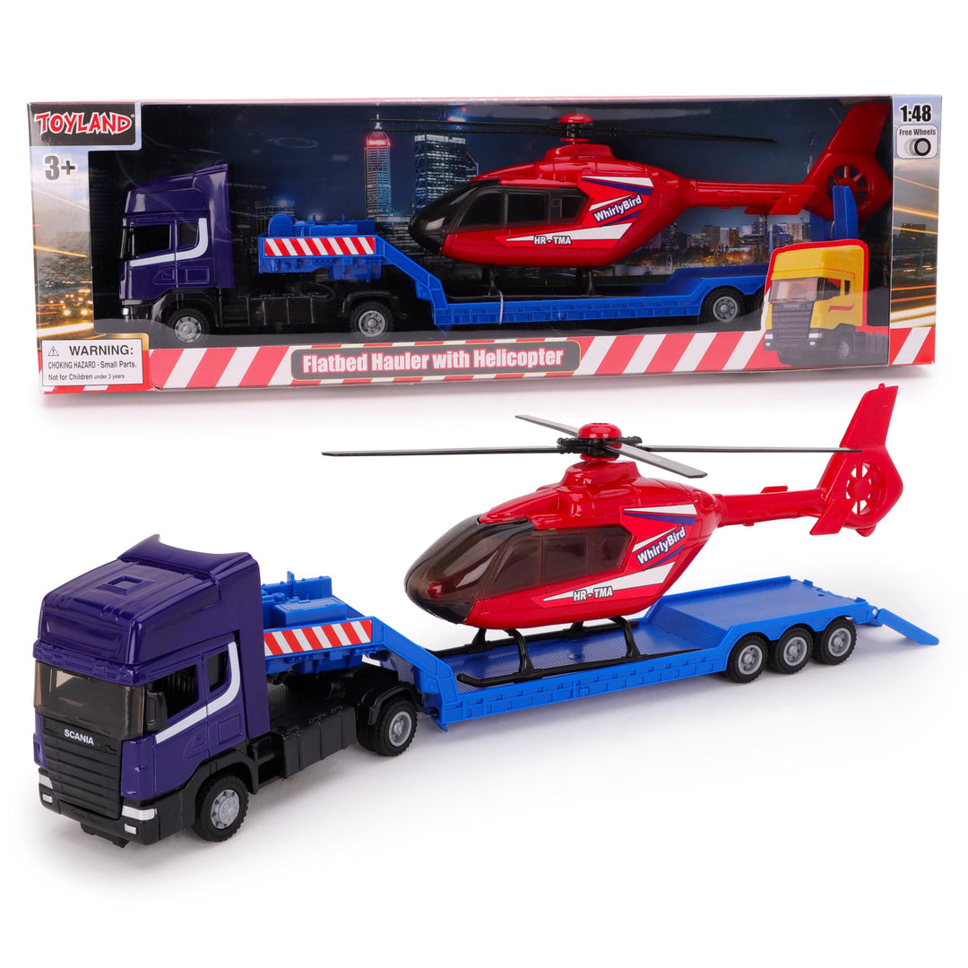 Toyland® Scania Pritschenschlepper mit Hubschrauber - Massstab 1:48 - Freilauf - Transportspielzeugs