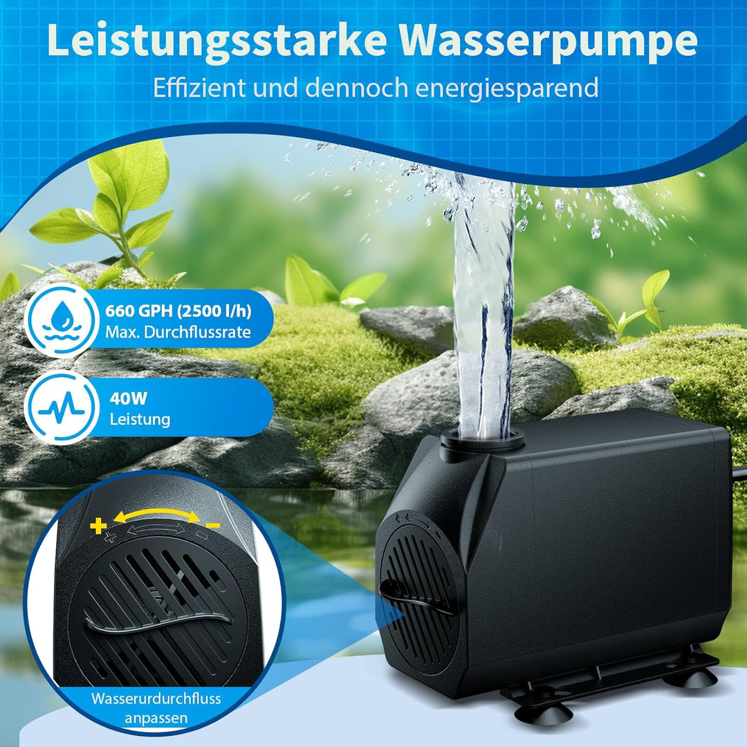 Biling Teich Wasserfall für Gartenteich, 20cm Edelstahl Teichwasserfall Set 40W 2500 L/H Teichpumpe
