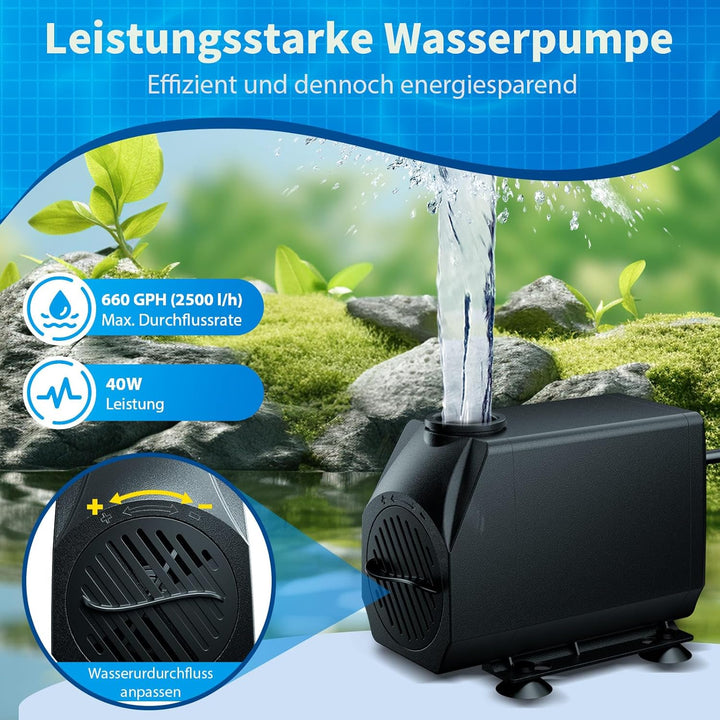 Biling Teich Wasserfall für Gartenteich, 20cm Edelstahl Teichwasserfall Set 40W 2500 L/H Teichpumpe