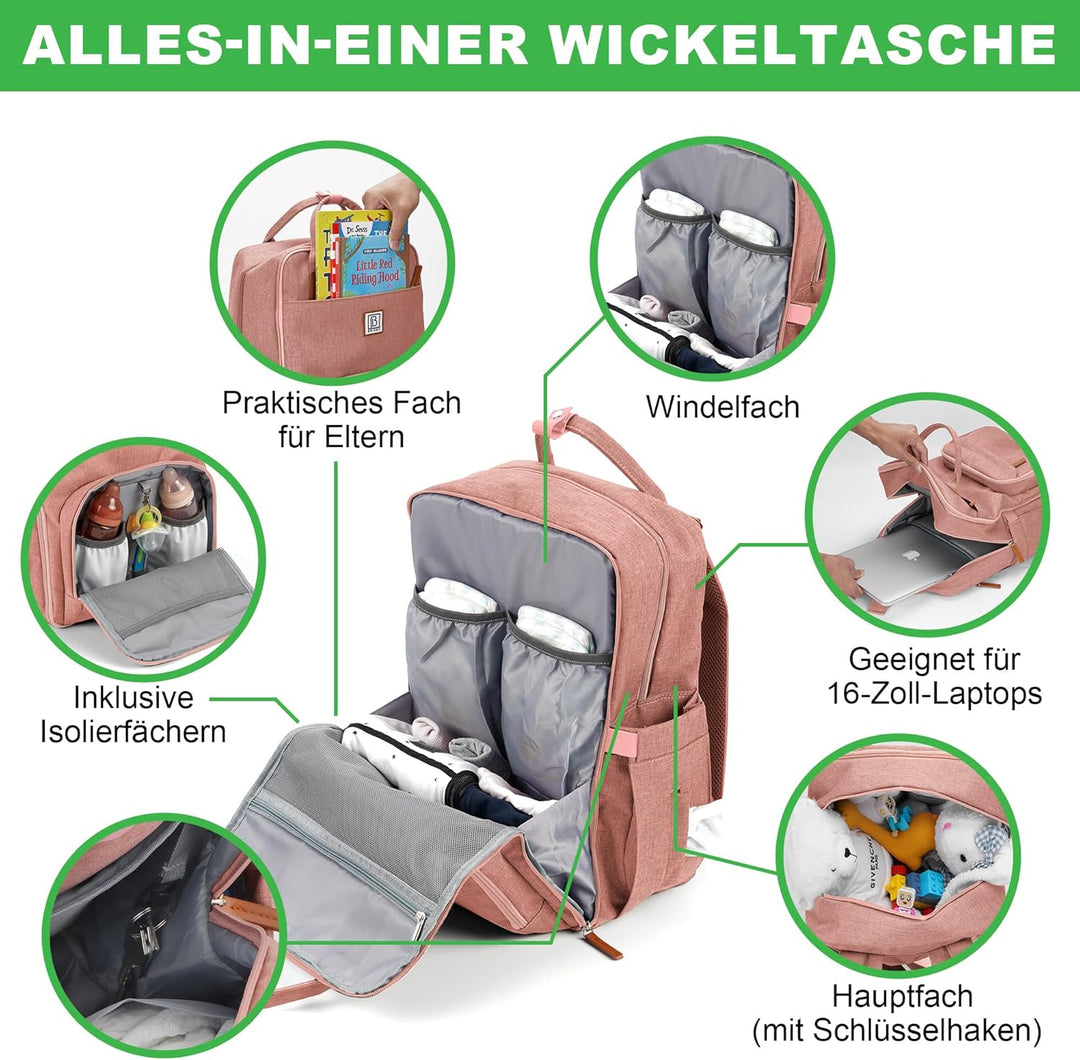 Brisby Wickelrucksack gross - Wickeltasche kinderwagen mit isoliertes Frontfach, Babytasche mit Wick