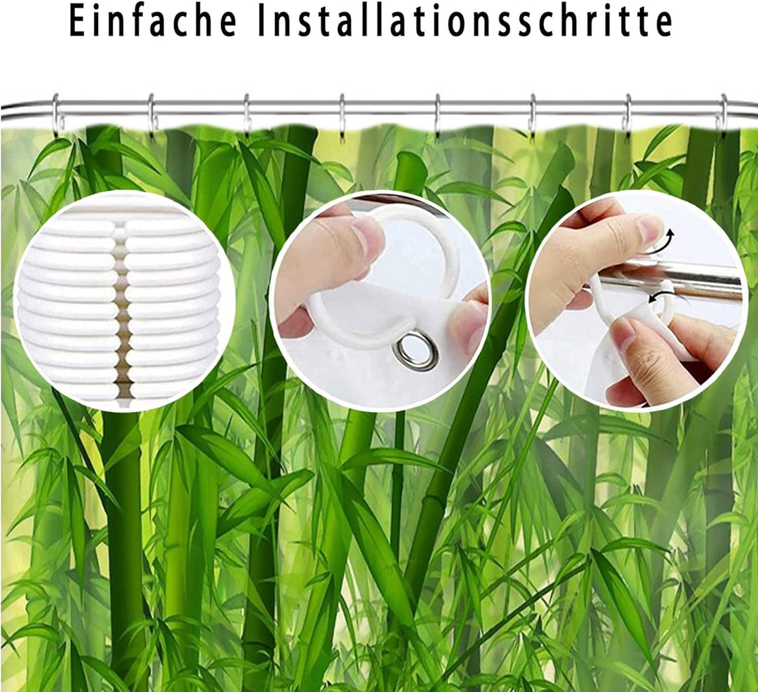 Lieson Anti Schimmel Duschvorhang Polyester 180x180 cm, Grüner Duschvorhang Bambus Motiv Waschbarer