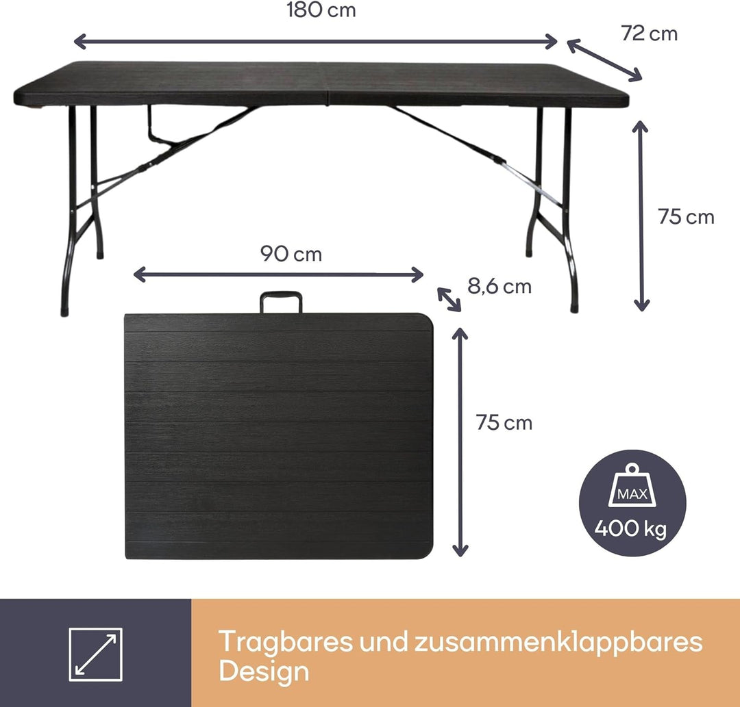 Perel Klapptisch, Buffettisch, Campingtisch, Picknicktisch, Holzoptik schwarz, klappbar tragbar mit