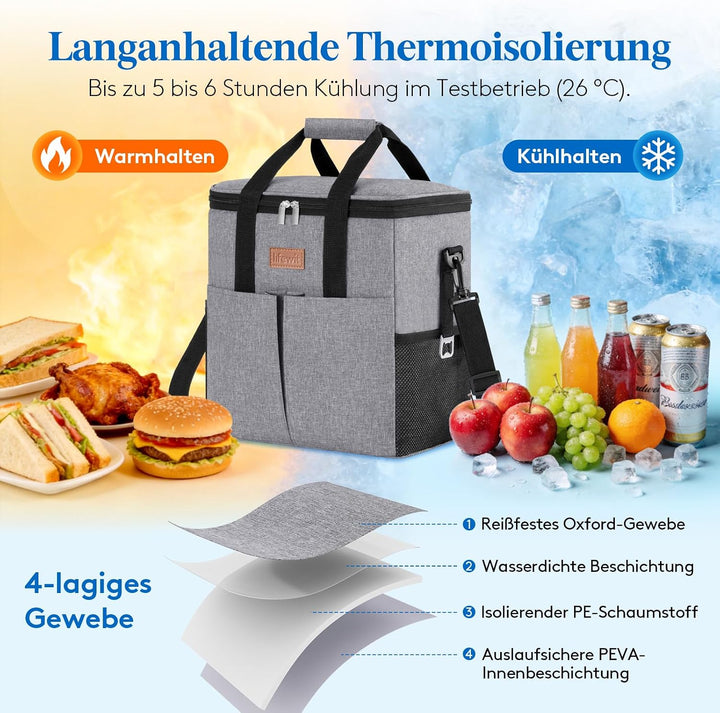 Lifewit Kühltasche 20L, Kühlung Thermoisoliert Tragbar Faltbar Wasserdicht, Gross Picknicktasche für