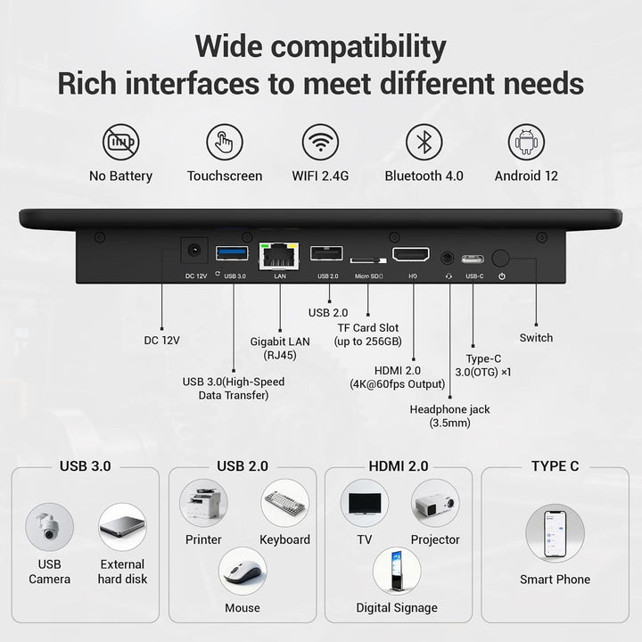 Lüfterloser All-in-One Touchscreen-Computer RK3399, Industrie-Panel-PC 10,1 Zoll Robust Android 12,