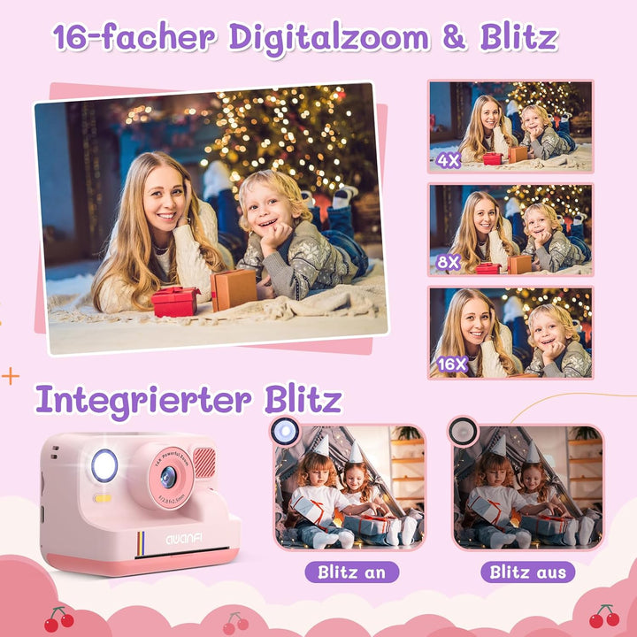 Kinderkamera Sofortbildkamera, 2,4 Zoll Sofortbildkamera Kinder mit 32GB Karte & 3 Rollen Druckpapie