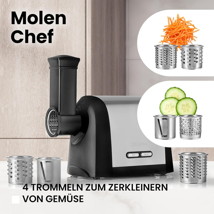 ZEEGMA Molen Chef Elektrischer Fleischwolf, 1900 W mit 3 Schleifplatten aus Edelstahl, 3 kg/min, Wur