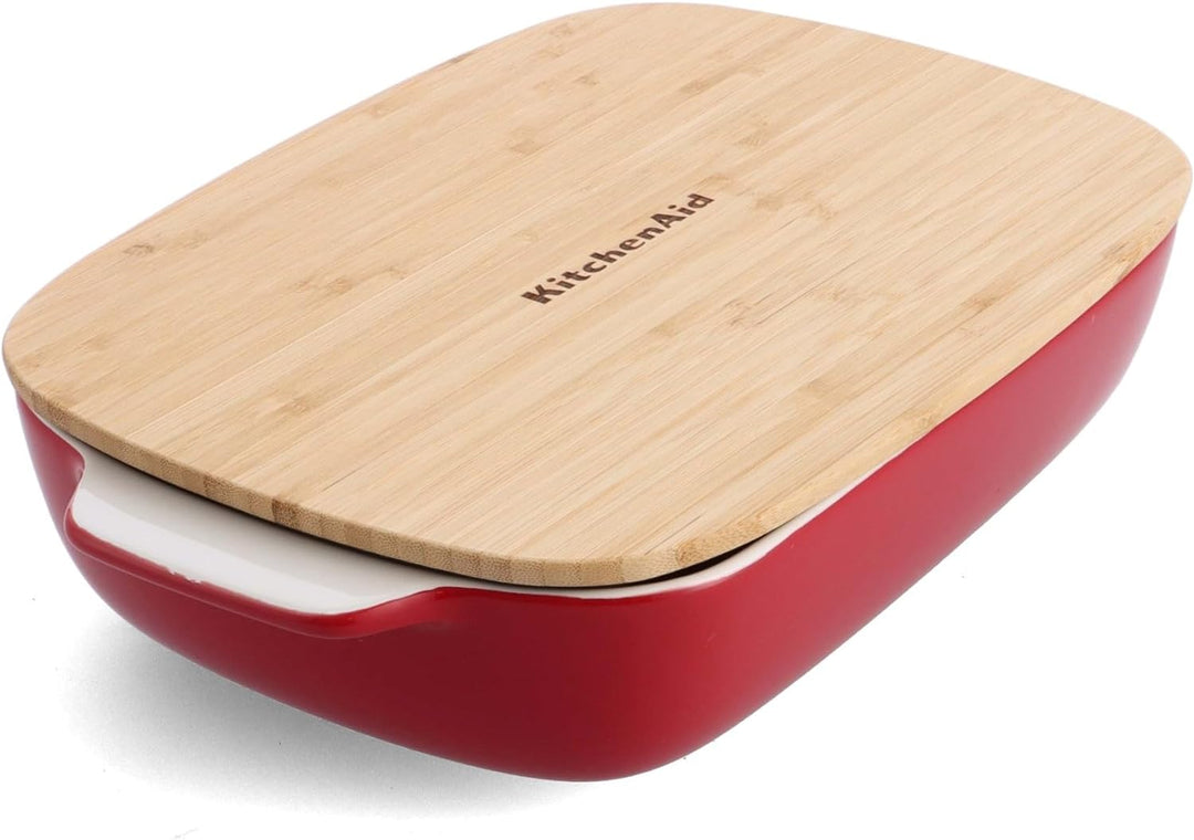 KitchenAid Stoneware Backform Rechteckig Keramik Antihaftbeschichtung mit Bambusdeckel, 32 cm/3,8L,