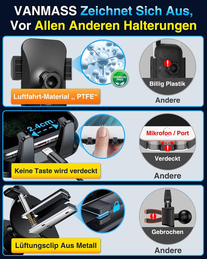 VANMASS Handyhalterung Auto [ 2022 Upgrade Silikon Version Mega Fest ] 3 in 1 Lüftung & Saugnapf Han