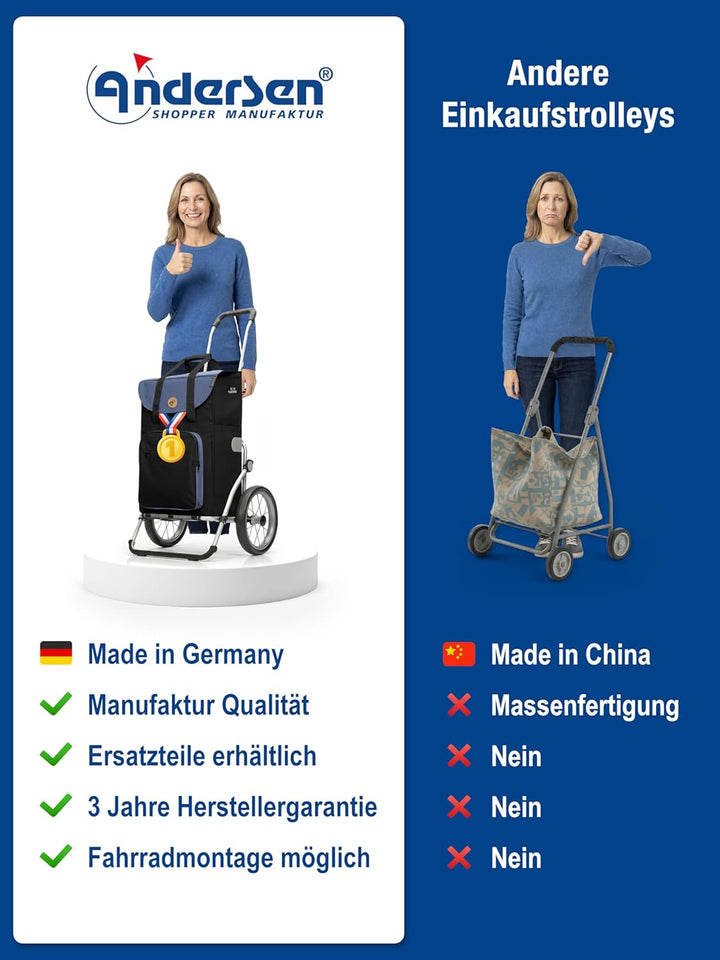 Andersen Einkaufstrolley Royal mit Metallspeichenrad 25 cm und 45 Liter Einkaufstasche Wismar schwar