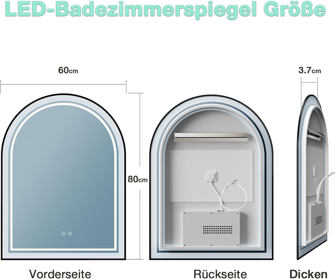 Badspiegel mit Beleuchtung 80x60cm, Schwarz Badezimmerspiegel mit Beleuchtung, Gewölbter Bad Spiegel