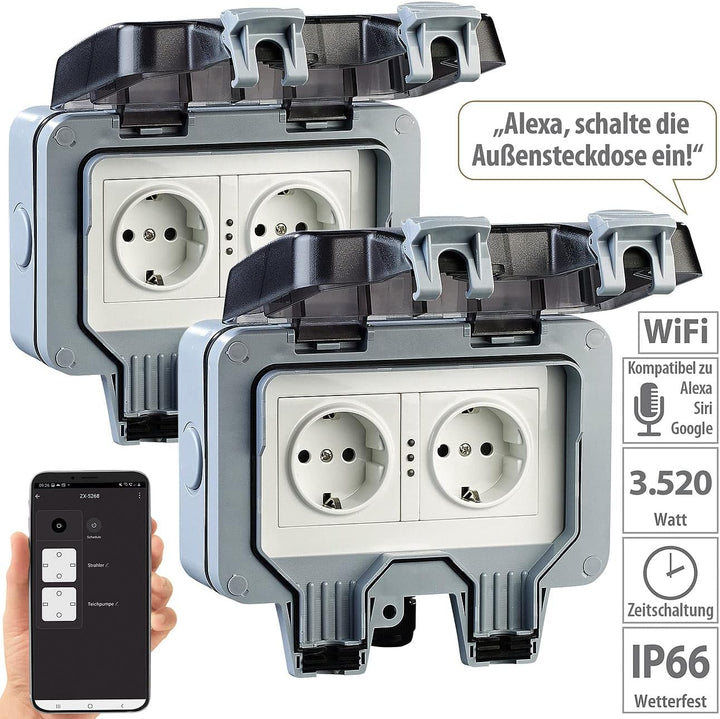 Luminea Home Control WLAN Aussensteckdose: 2er-Set Outdoor-WLAN-Doppelsteckdosen, Sprachbefehl, Stro