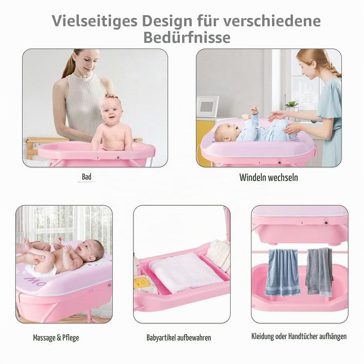 LIFEZEAL Wickeltisch mit Badewanne, 2 in 1 Flatbare Bade-Wickelkombination auf Räder, Badewannenaufs