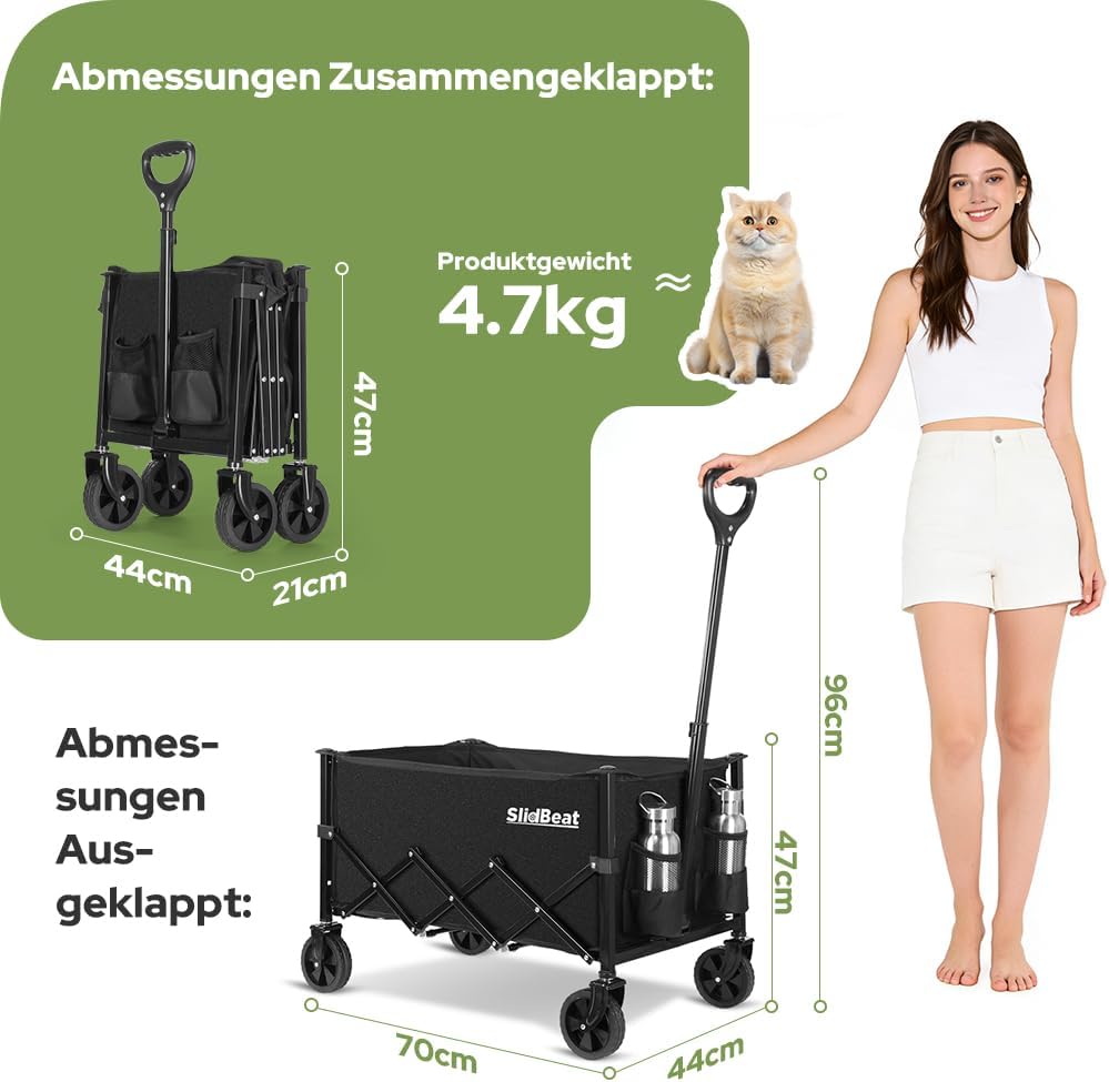 SLIDBEAT Bollerwagen Faltbar 120L 100KG, Abnehmbarer Stoffbeutel Faltbarer Bollerwagen All Terrain R