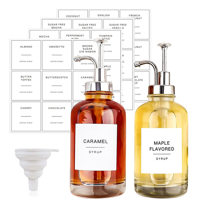 2 Stück Kaffee Sirup Spender Glas Set mit 36 Etiketten, Kaffee-Pumpenspender, Minimalistische Glas