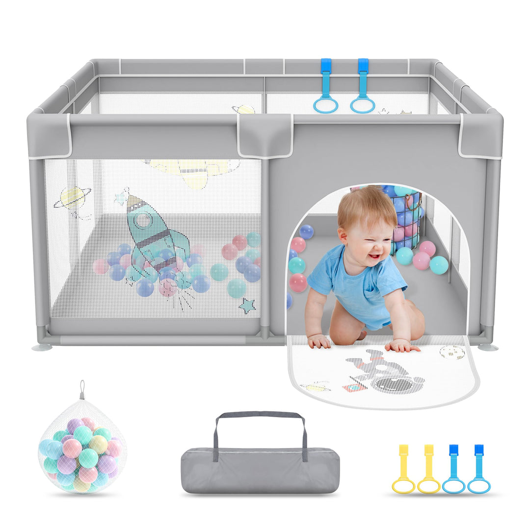 Laufstall 127x127cm Mit 50 Spielbällen, Krabbelgitter Und 4 Zugringen - Tragbarer Baby Playpen, Grau