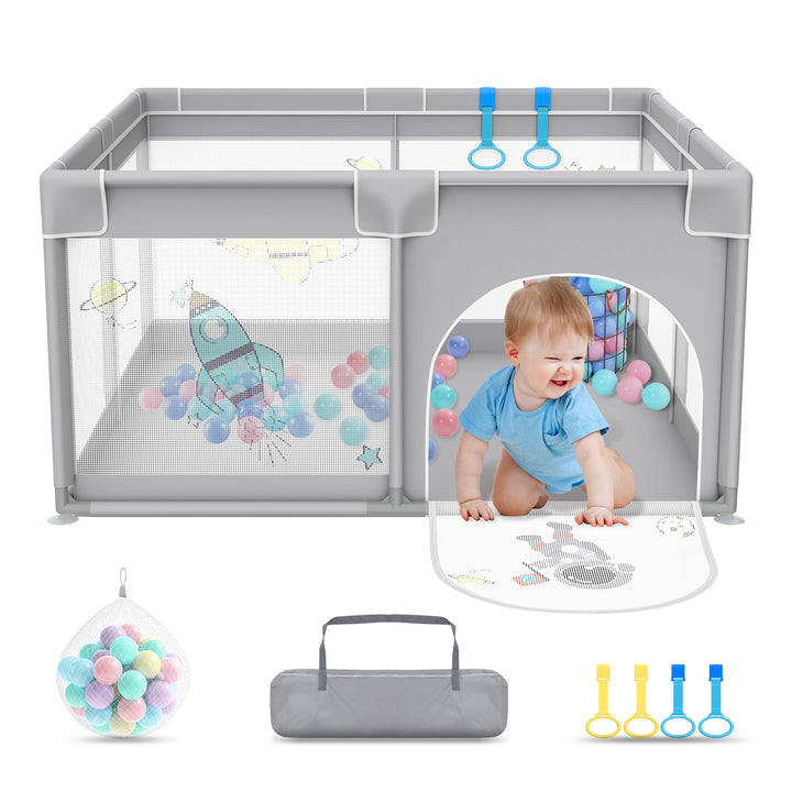 Laufstall 127x127cm Mit 50 Spielbällen, Krabbelgitter Und 4 Zugringen - Tragbarer Baby Playpen, Grau