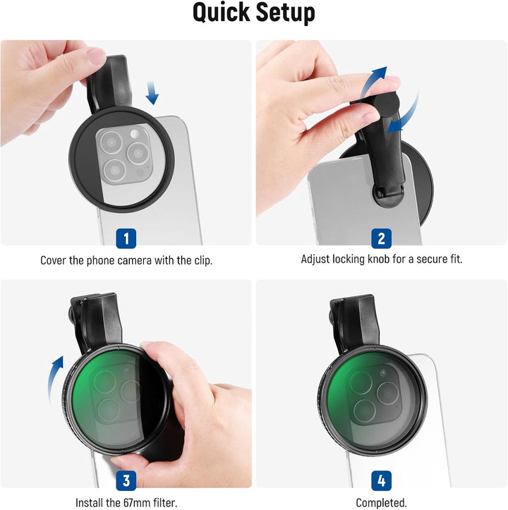 NEEWER 67mm Variabler ND Filter, Clip On Handy Filter, ND2-32 (1-5 Stop), Graufilter, Fotografie Zub