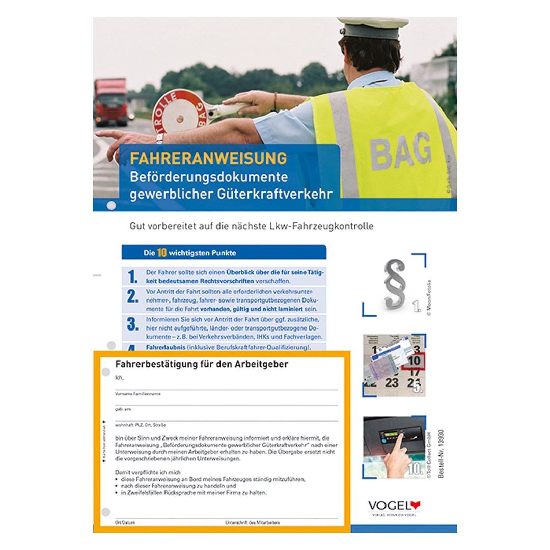 10er Pack Fahreranweisung Beförderungsdokumente gewerblicher Güterkraftverkehr Anweisung Anordnung V