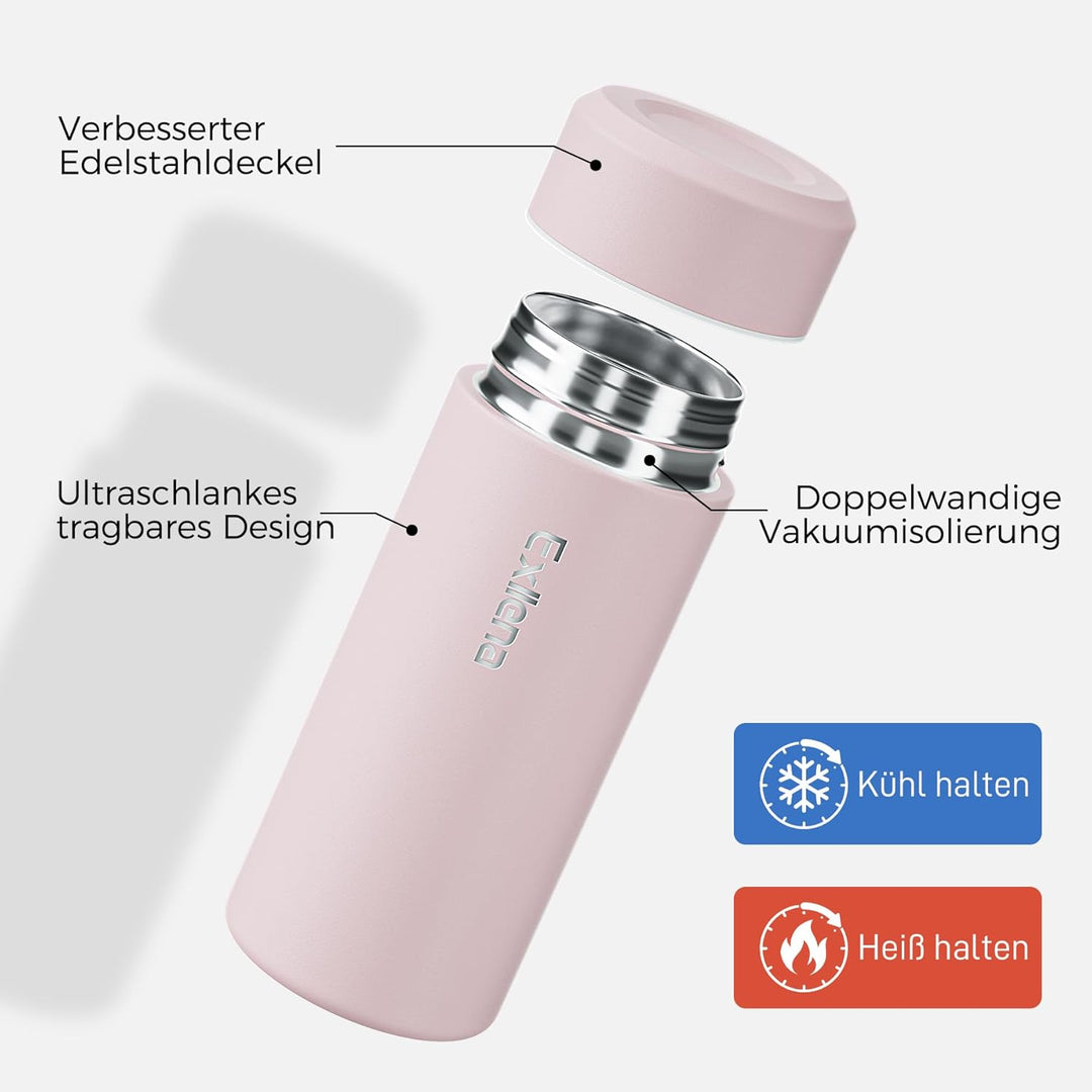 【Upgrade-Version】Exllena Mini Thermosflasche 250ml mit Edelstahl-Deckel, Trinkflasche Klein Doppelwa