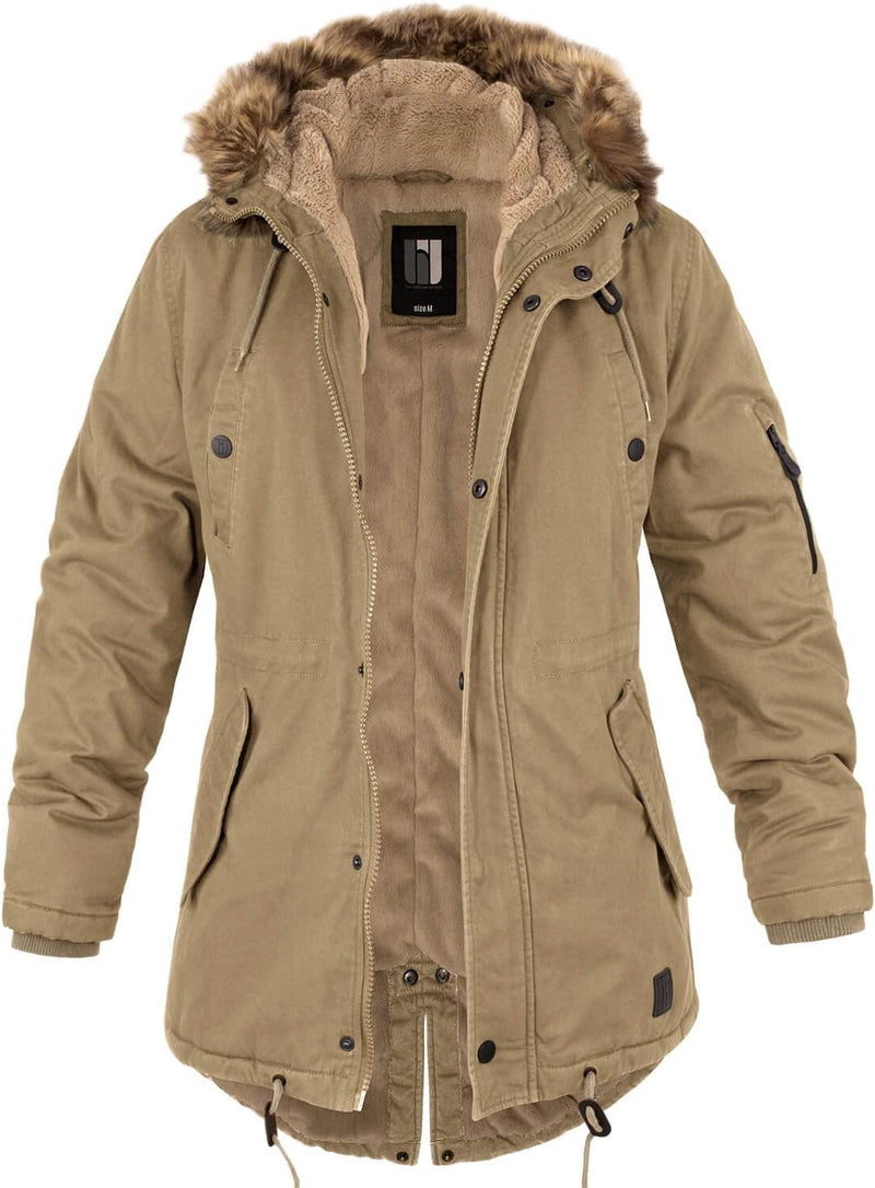bw-online-shop Ladies Fishtail Winterparka mit Teddyfutter Parka Jacke Wintermantel S Camel, S Camel