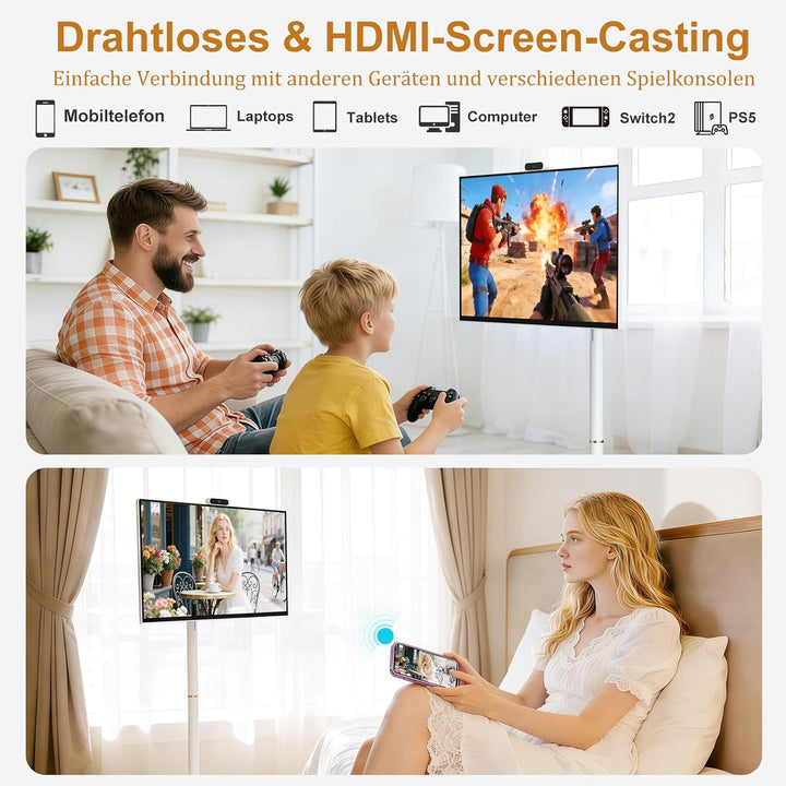 32 Zoll 4K Smart Portable TV | Touchscreen-Monitor auf Rädern | EDLA-Zertifiziert & Android 14 | 8+1