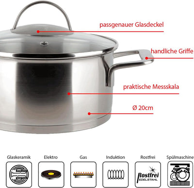 EUROHOME Kochtopf 2,9L - Kasserolle mit handlichem Griff - Edelstahltopf induktionsgeeignet - Fleisc