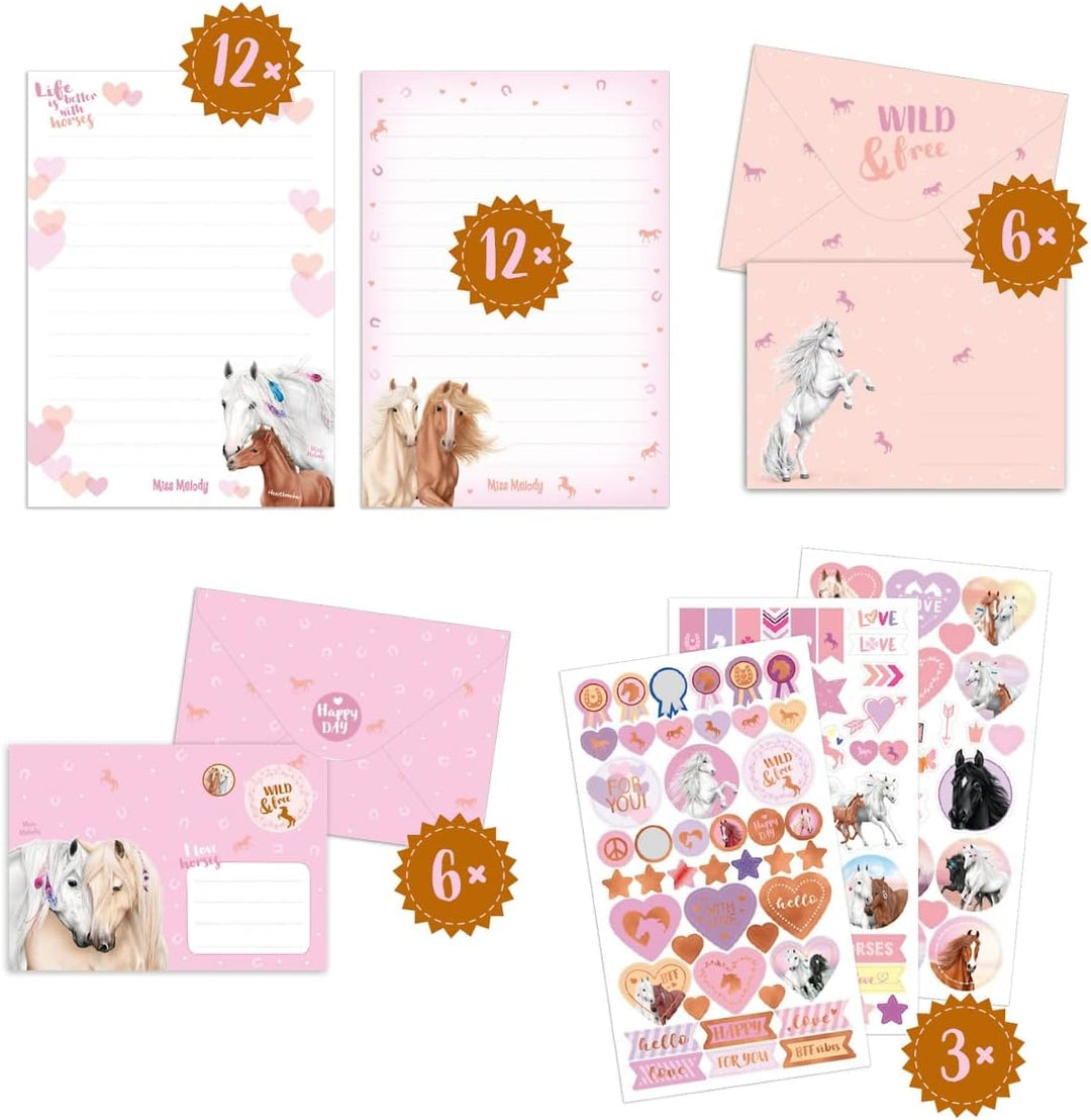 Depesche 12380 Miss Melody Sundown - Briefpapier Set in einer Mappe, mit Pferde-Motiven und Mustern,