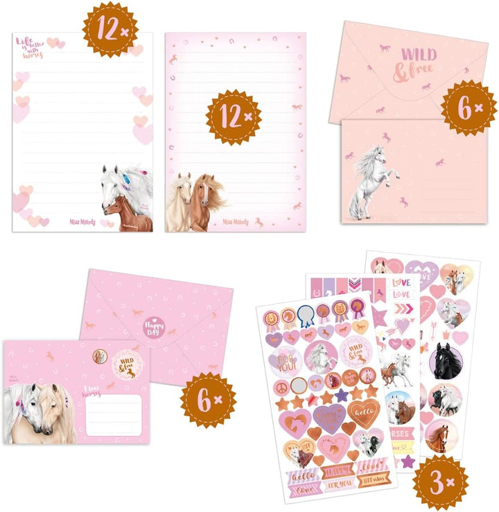 Depesche 12380 Miss Melody Sundown - Briefpapier Set in einer Mappe, mit Pferde-Motiven und Mustern,