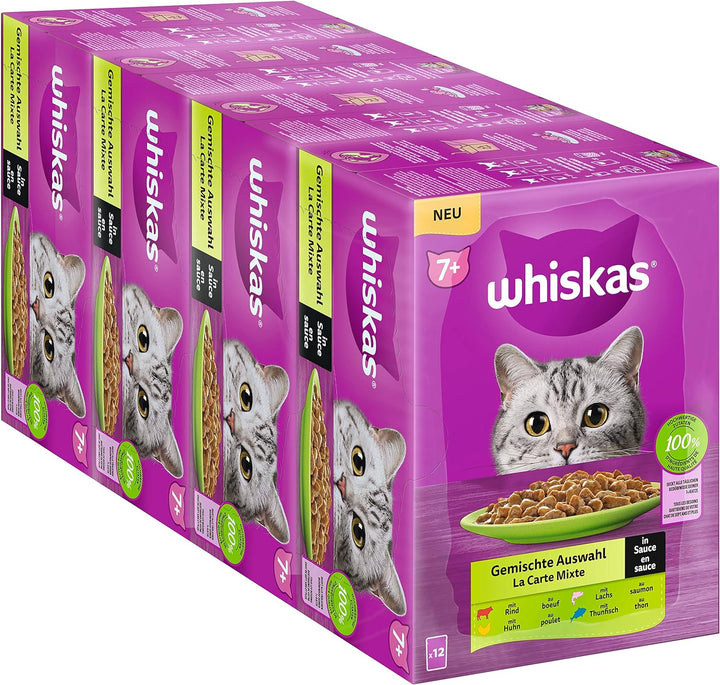 Whiskas 1+ Katzenfutter Tasty Mix Country Collection in Sauce & Senior 7+ Katzennassfutter Gemischte