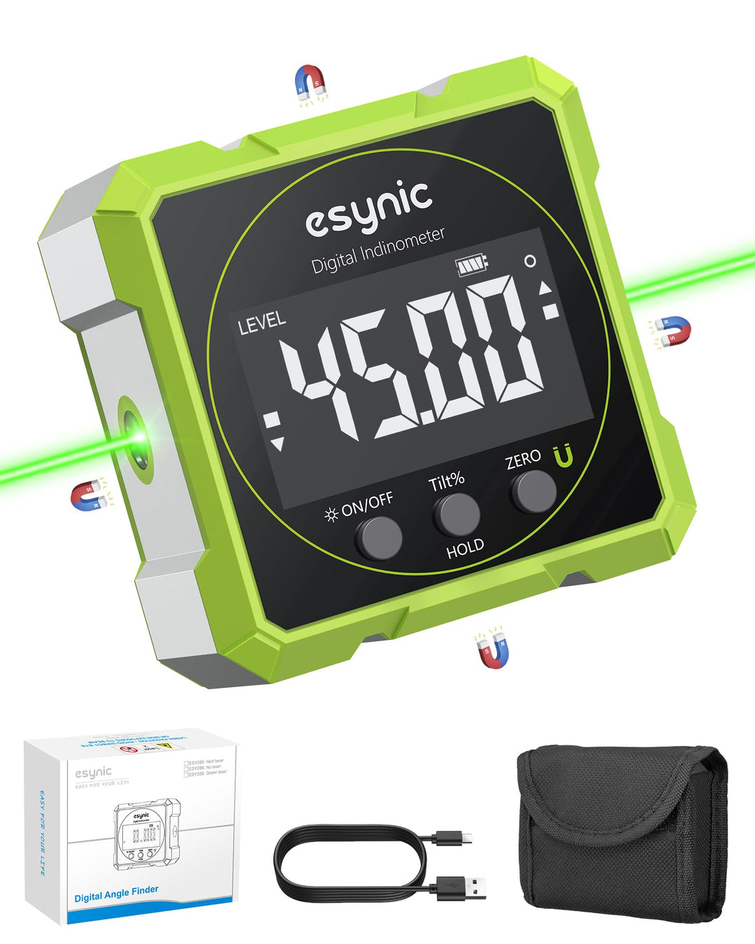 eSynic Digitaler Winkelmesser Neigungsmesser grüner Laser Wasserwaage mit LCD-VA Display 4-Seitiges